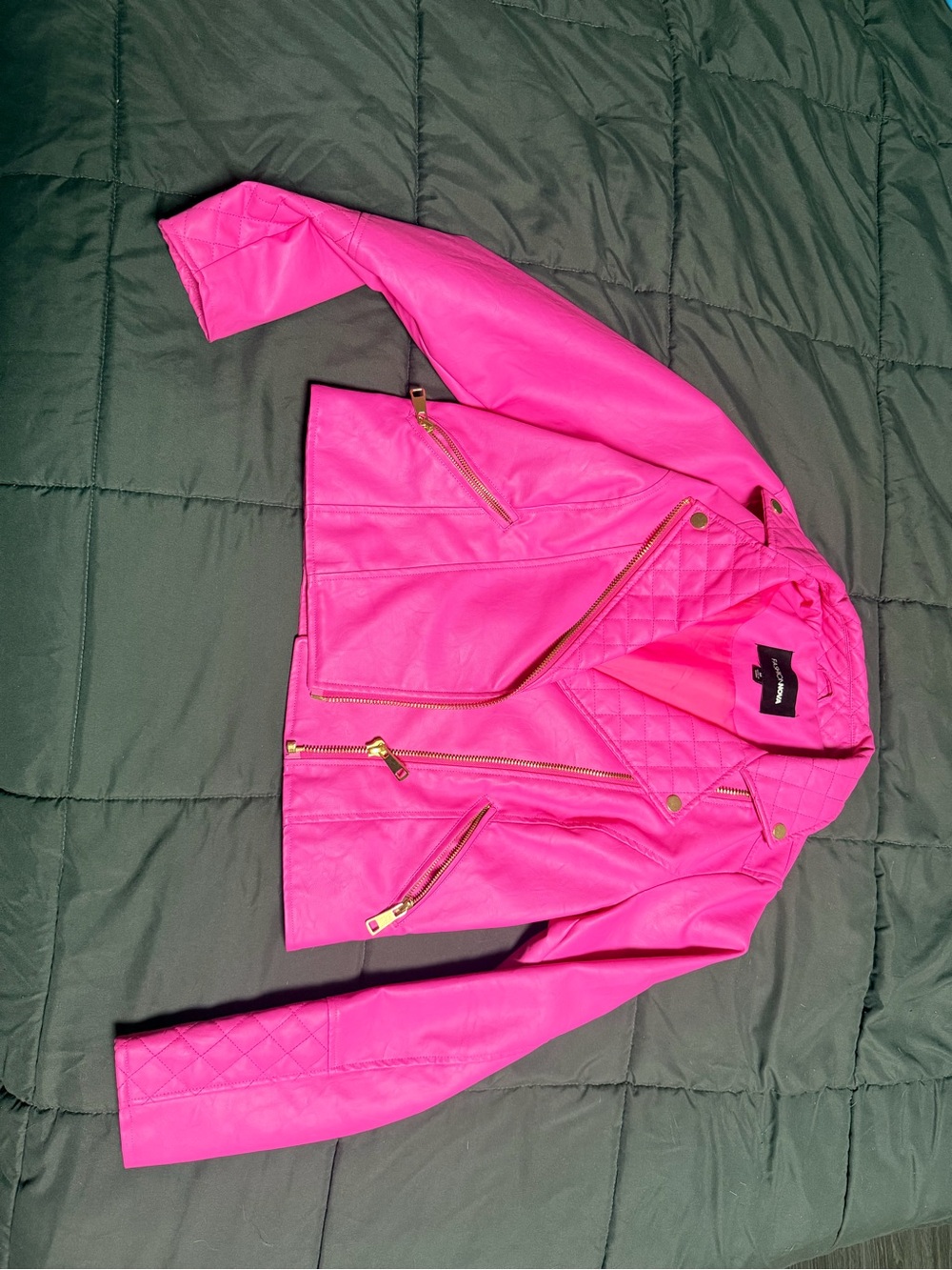 Fashion Nova Hot Pink Moto-Style Leather Jacket with Gold Hardware